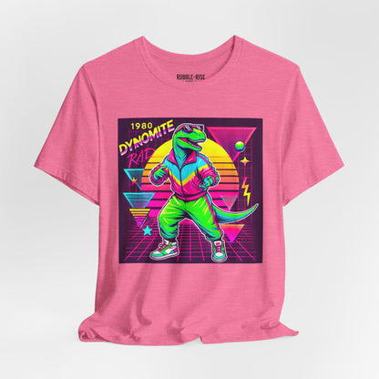Retro 1980s Dinosaur Pop Culture t-shirt in heather charity pink