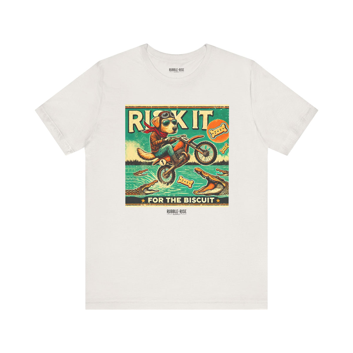 Risk It for the Biscuit Dog Adventure t-shirt in vintage white