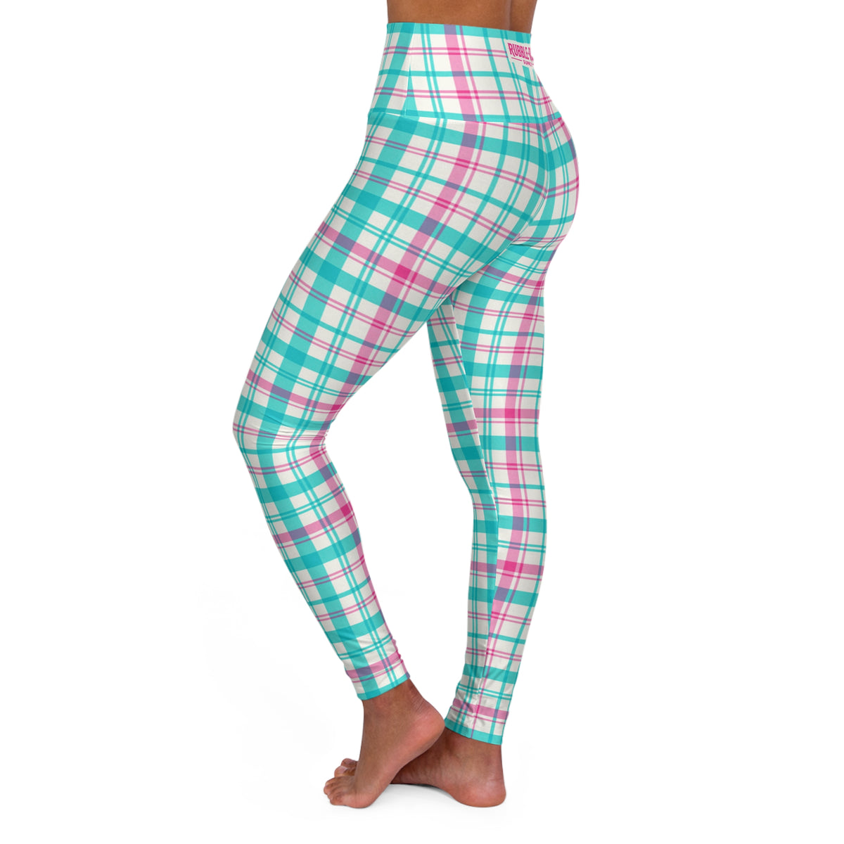 Pink Teal Flannel high-waist leggings