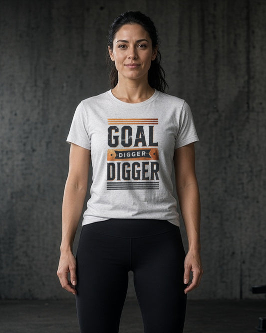 Woman in a gritty gym wearing the Rubble and Rise Goal Digger graphic tee in Ash