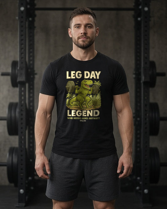 Man in a dark gym wearing the Rubble and Rise Leg Day Legend T-Rex tee in Solid Black Blend